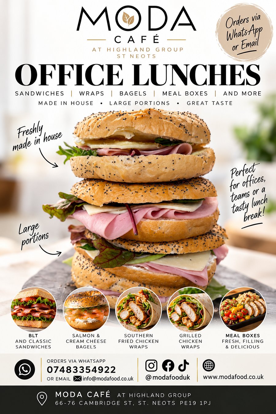 MODA CAFÉ Office Lunches — sandwiches, wraps, bagels and meal boxes, made in house